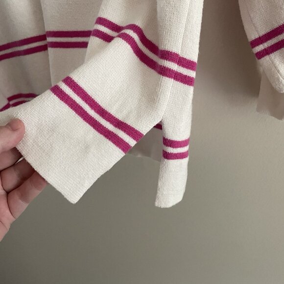 Loft Outlet Women Sz S White/Pink Striped Split V-Neck 3/4 Sleeve Sweater - Picture 3 of 9
